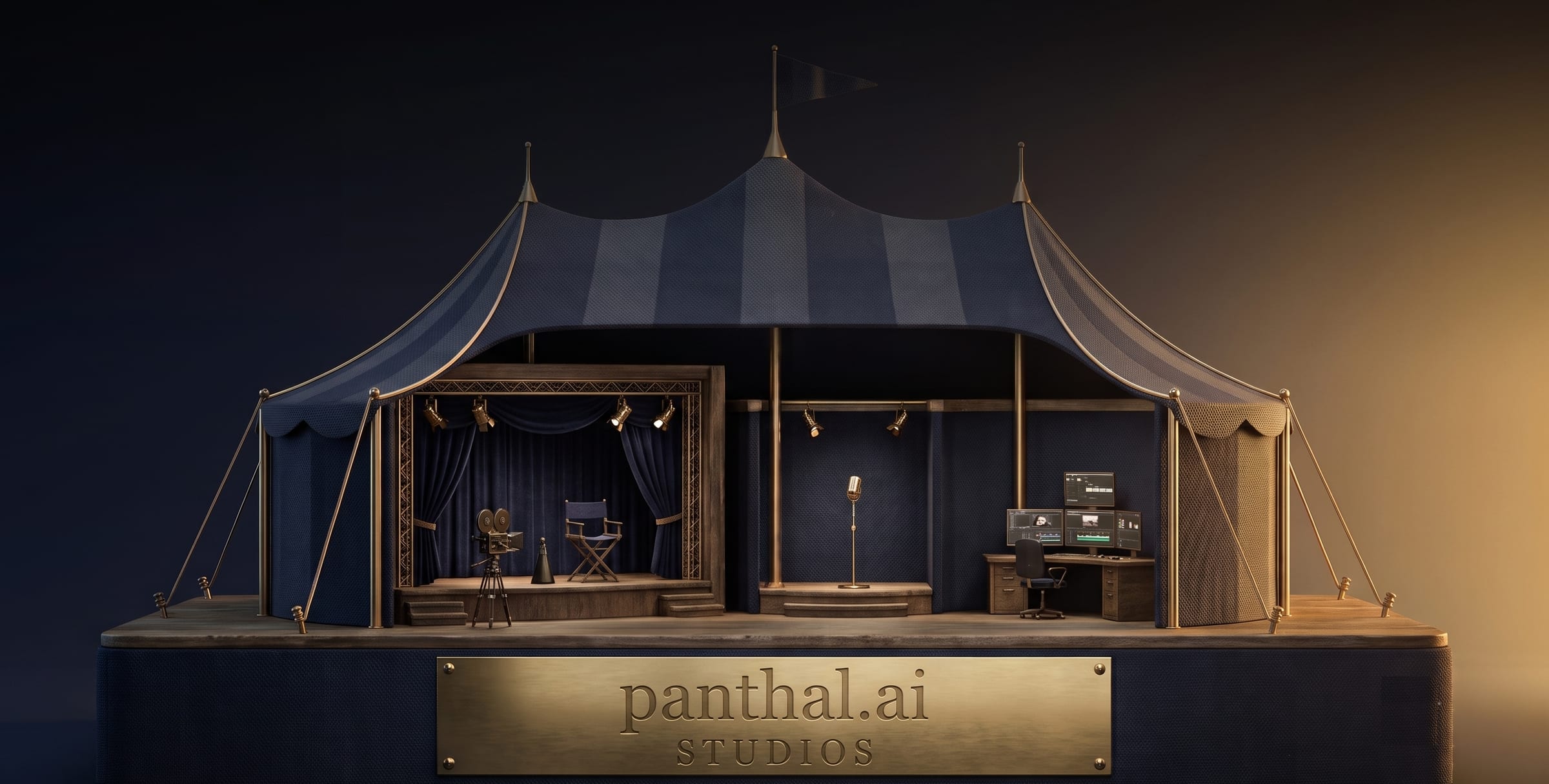 A miniature pavilion holding three bays: a drama stage, a voice booth, and an edit desk.