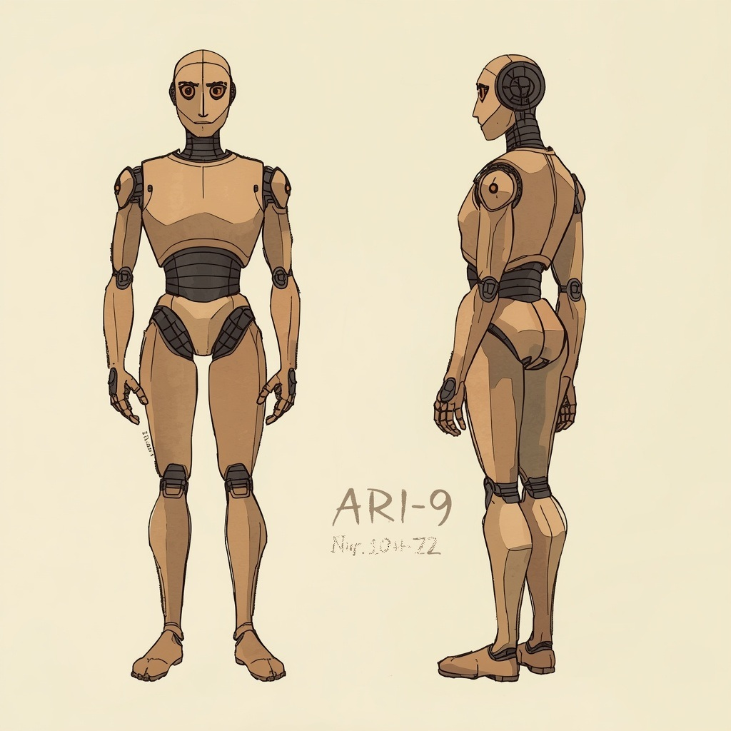 Character sheet for ARI-9: front and side views of a jointed humanoid robot.