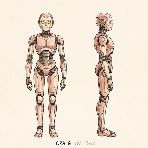 Character sheet for ORA-6: front and side views of a jointed humanoid robot.